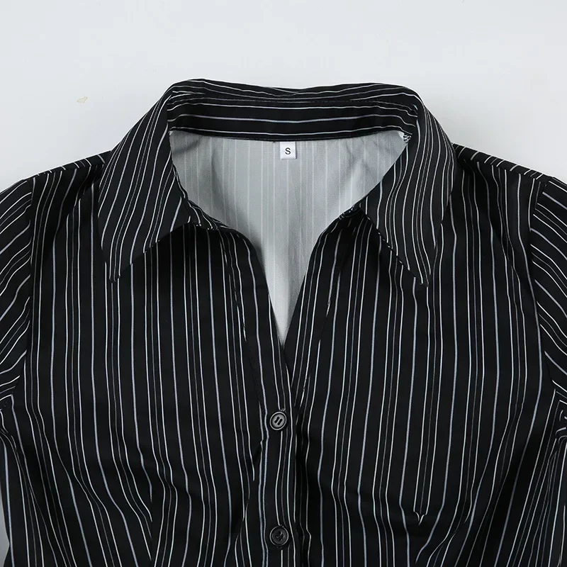 Chic Elegant Striped Button-up Shirt Black Casual Basic Slim-fitting Blouse Vintage Turn-down Collar Long Sleeve Tops