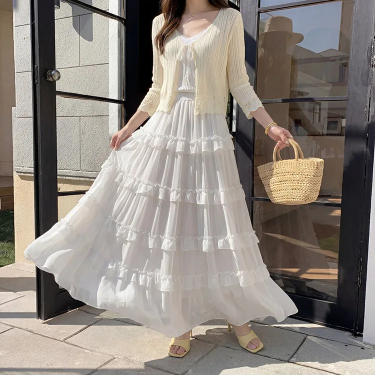 Women's Light Blue Tiered Ruffle Cake Maxi Skirt High Waist Flowy Chiffon Midi Skirt Mori Girl Countryside Garden Fairy Outfits