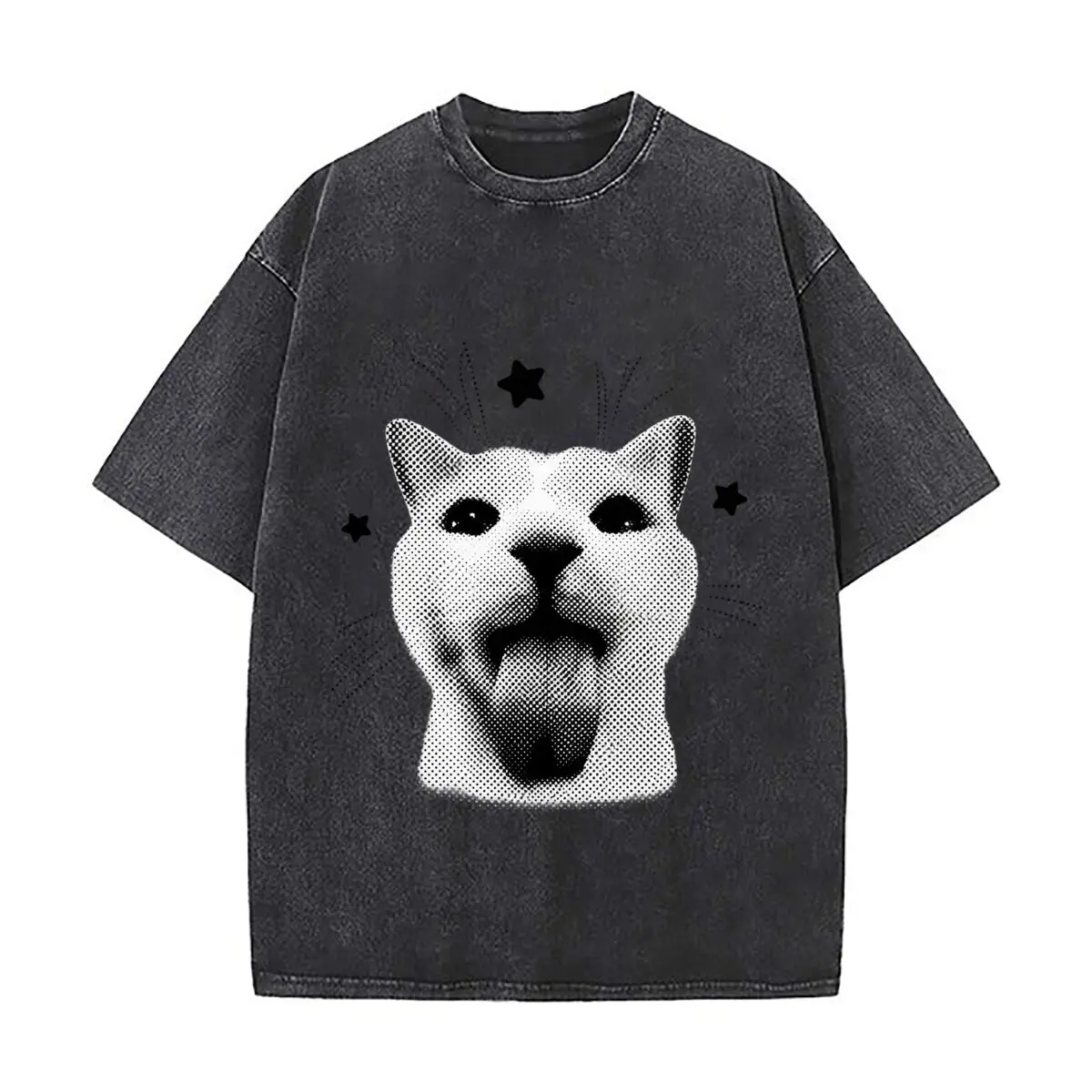 Black White Halftone Cat Face Stars Washed Vintage Short Sleeve Loose Streetwear Tee