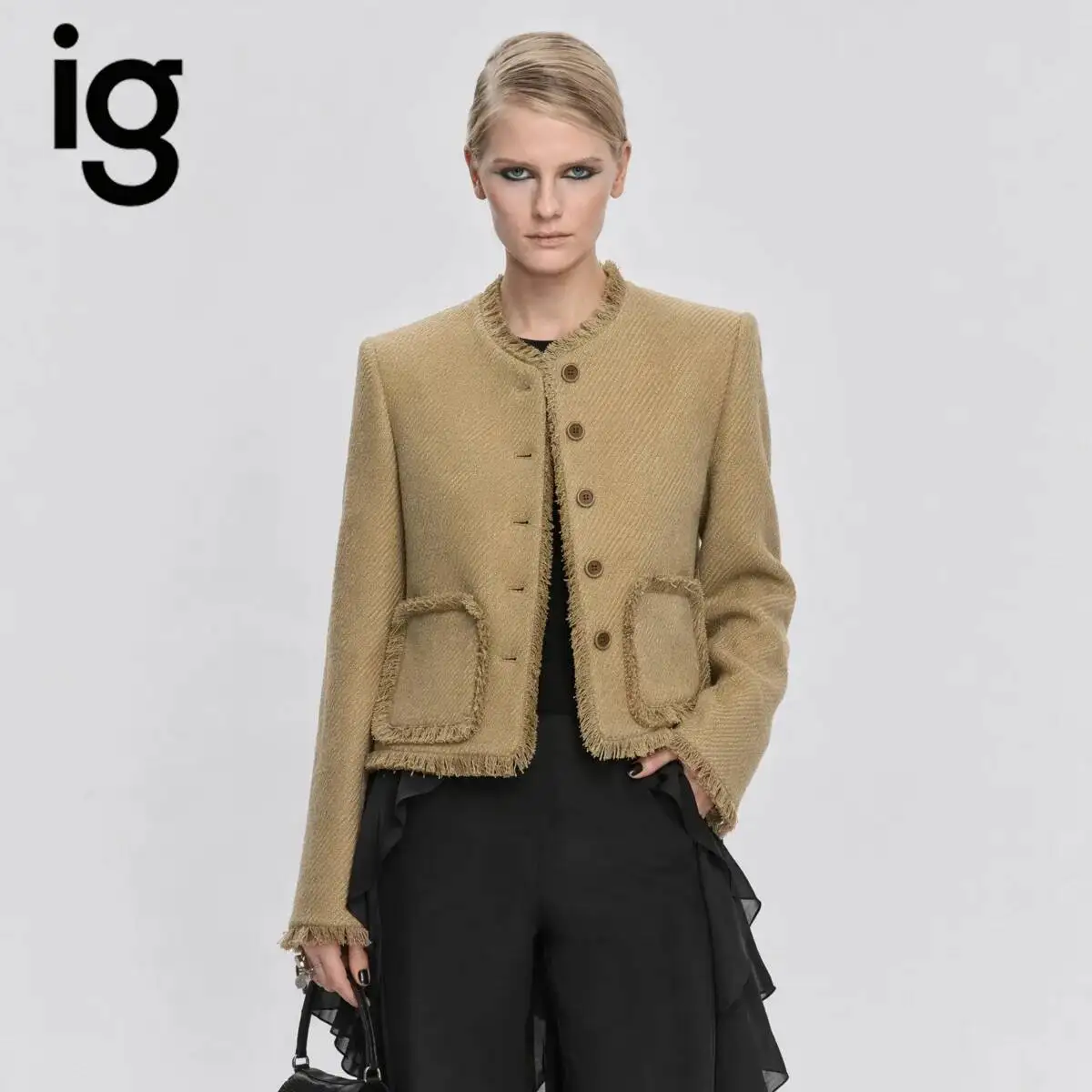 IG 2026 Women's Round Neck Fringe Trim Tweed Cropped Jacket, Single Breasted   Long Sleeve Vintage Elegant Short Blazer Coat