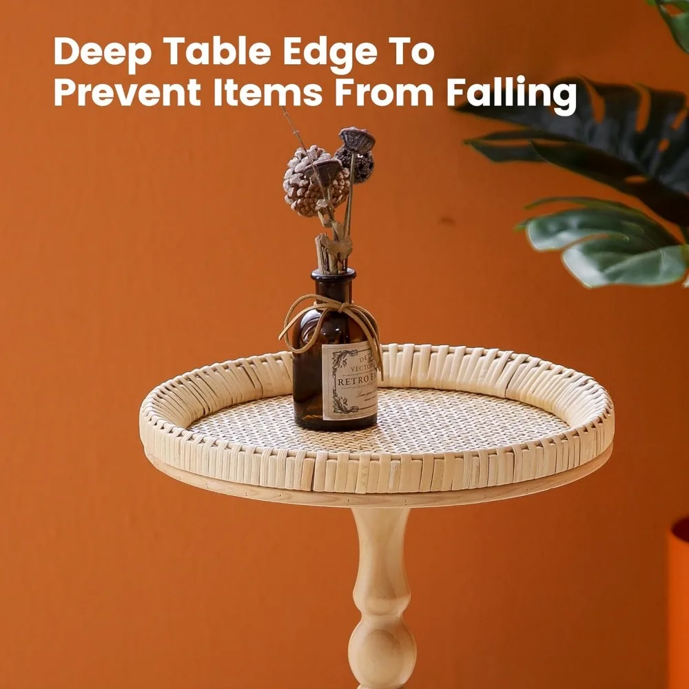 Drink Table，Rattan Round Small Side Table for Small Spaces, Boho Circle End Table Coffee Table with Solid Wood Leg for Living Ro