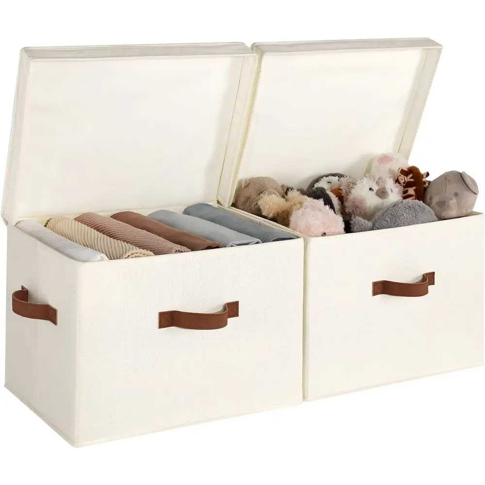 

Fabric Storage Bins with Lid, Decorative Storage Boxes for Shelves, Stackable Closet Organizer Basket with Handles, Jumbo, Ivory