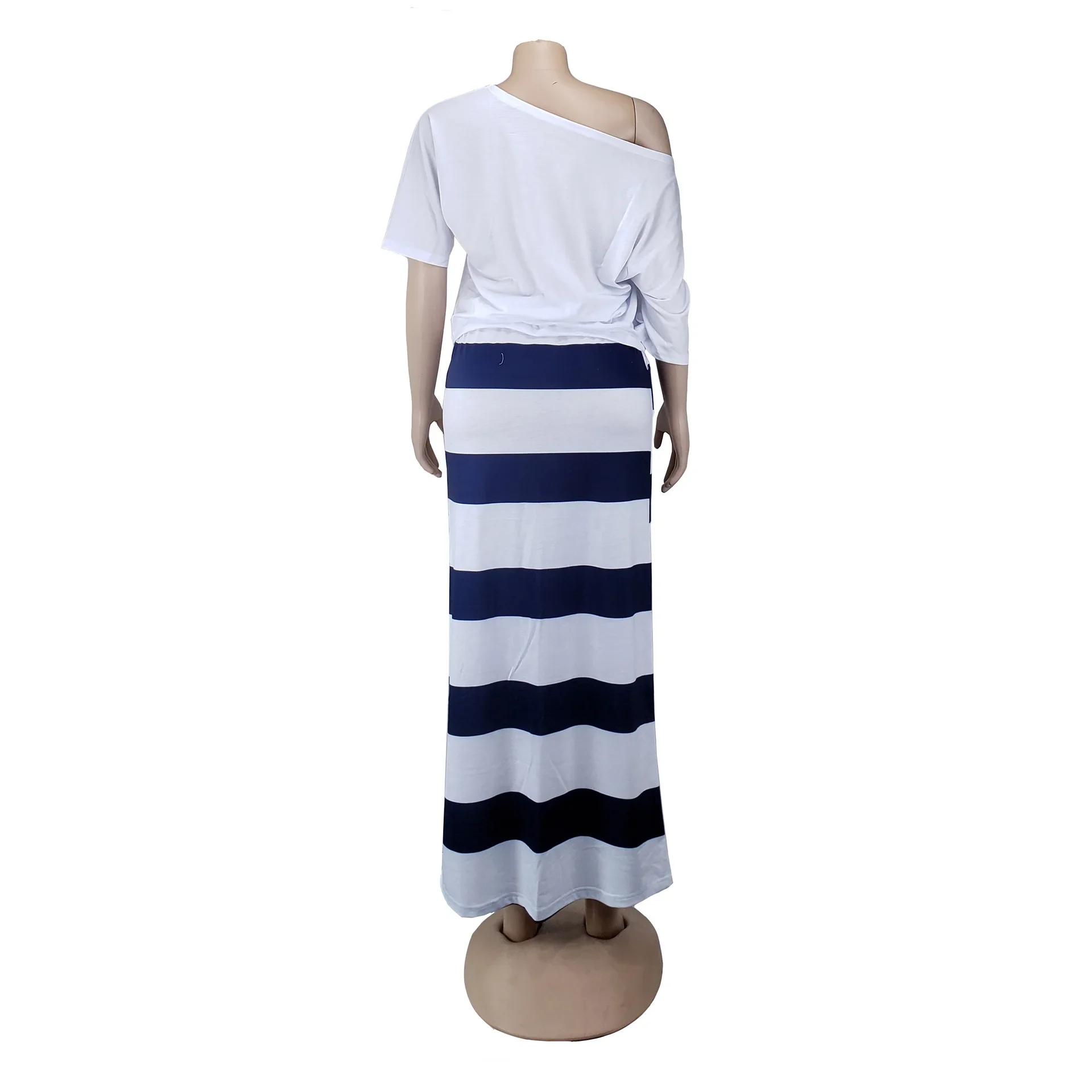 Boat Anchor Print Top T-Shirt & Striped Maxi Skirt Women Two Piece Outfits Fashion Off Shoulder Two Pieces Sets Tops and Skirts