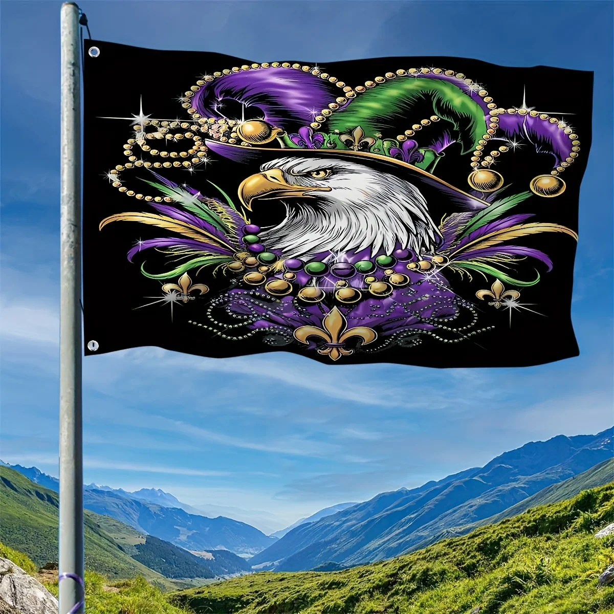 Mardi Gras Eagle Jester Hat Flag Premium Outdoor Banner Decoration With Grommets