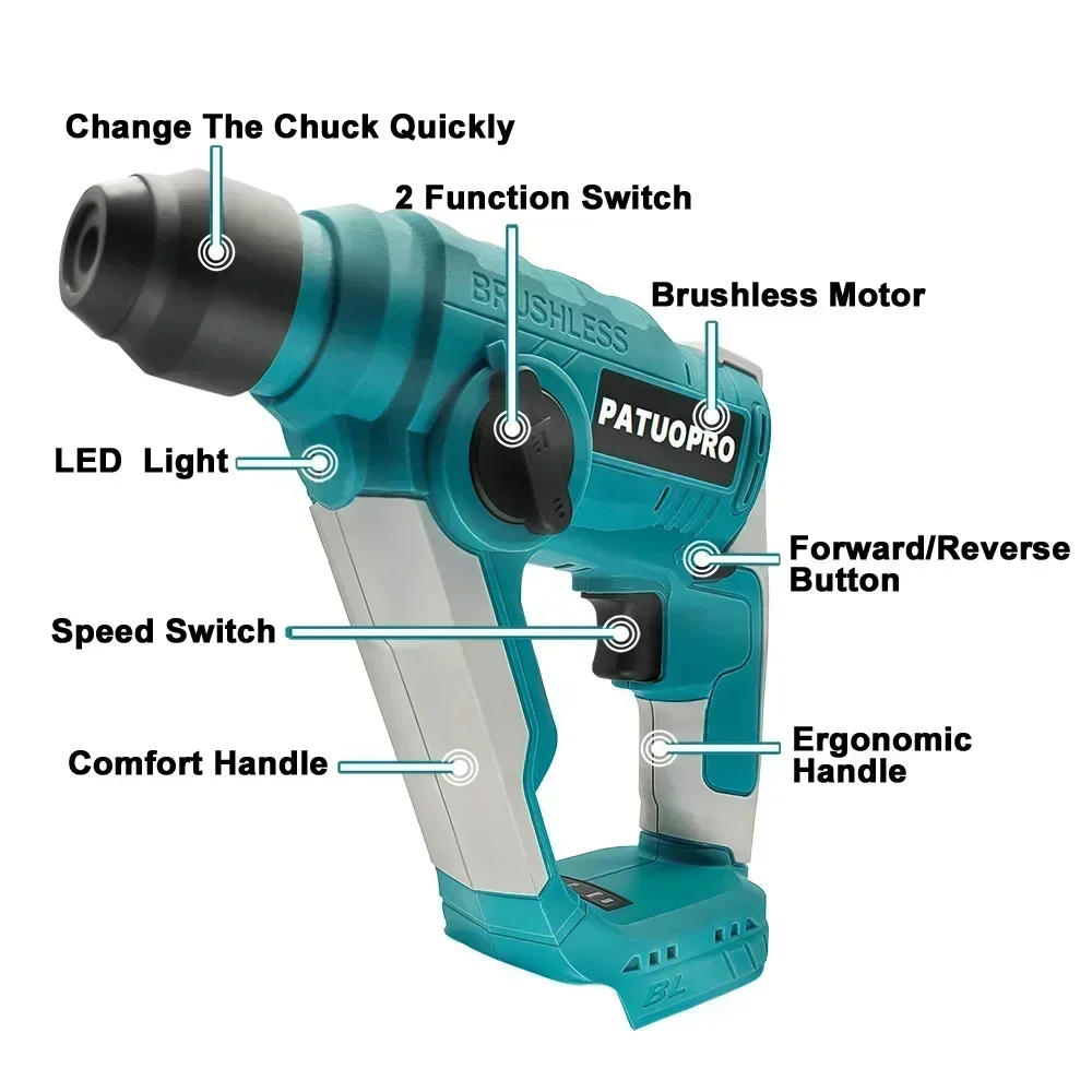 Martelo rotativo sem fio sem escova, furadeira elétrica de 2 modos, ferramenta de reparo em casa, bateria Makita 18V, sem bateria, 20mm