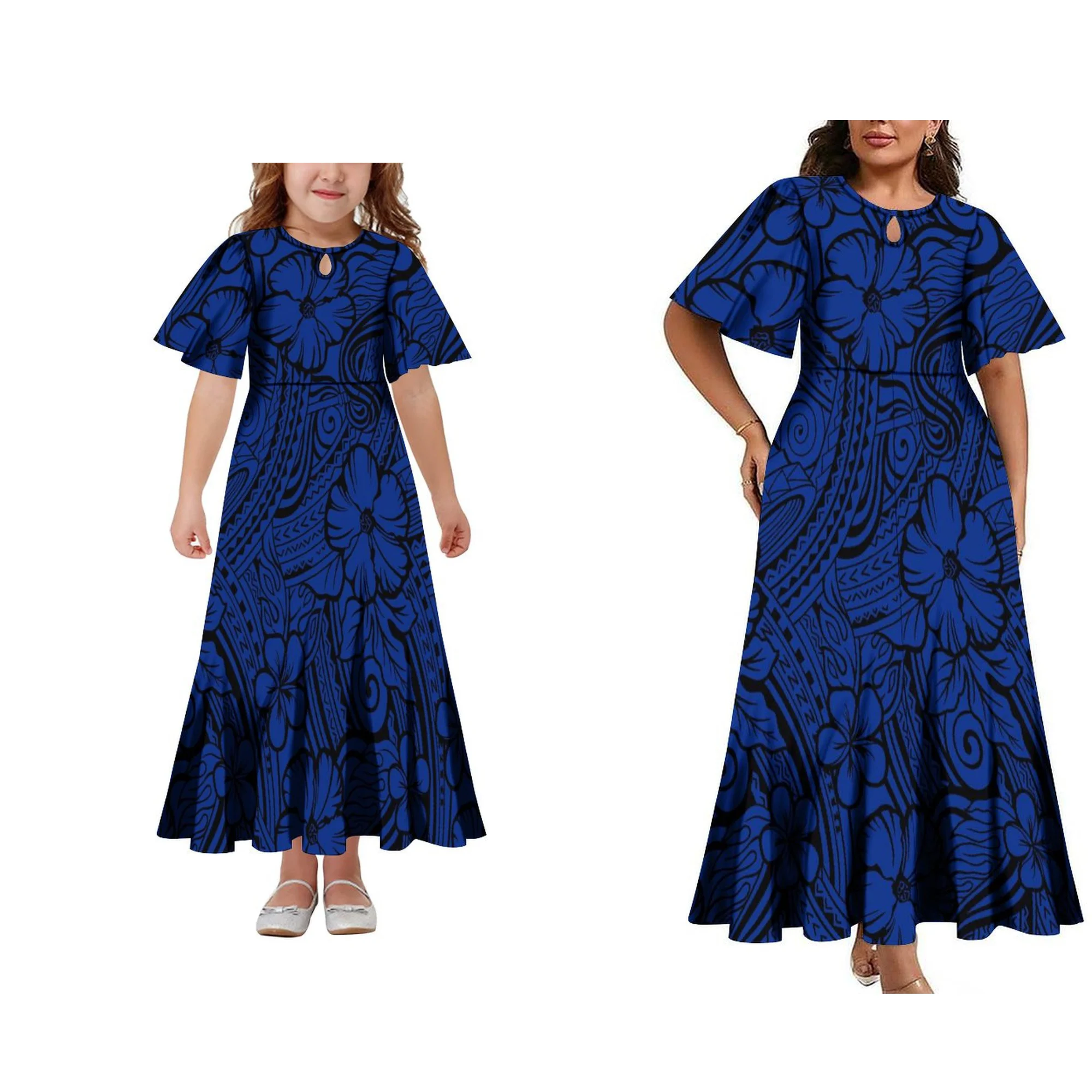 

Factory Wholesale Customized Water Drop Design Flare Sleeve Polynesian Dress Kids Summer O Neck Dress Mother and Daughter Dress