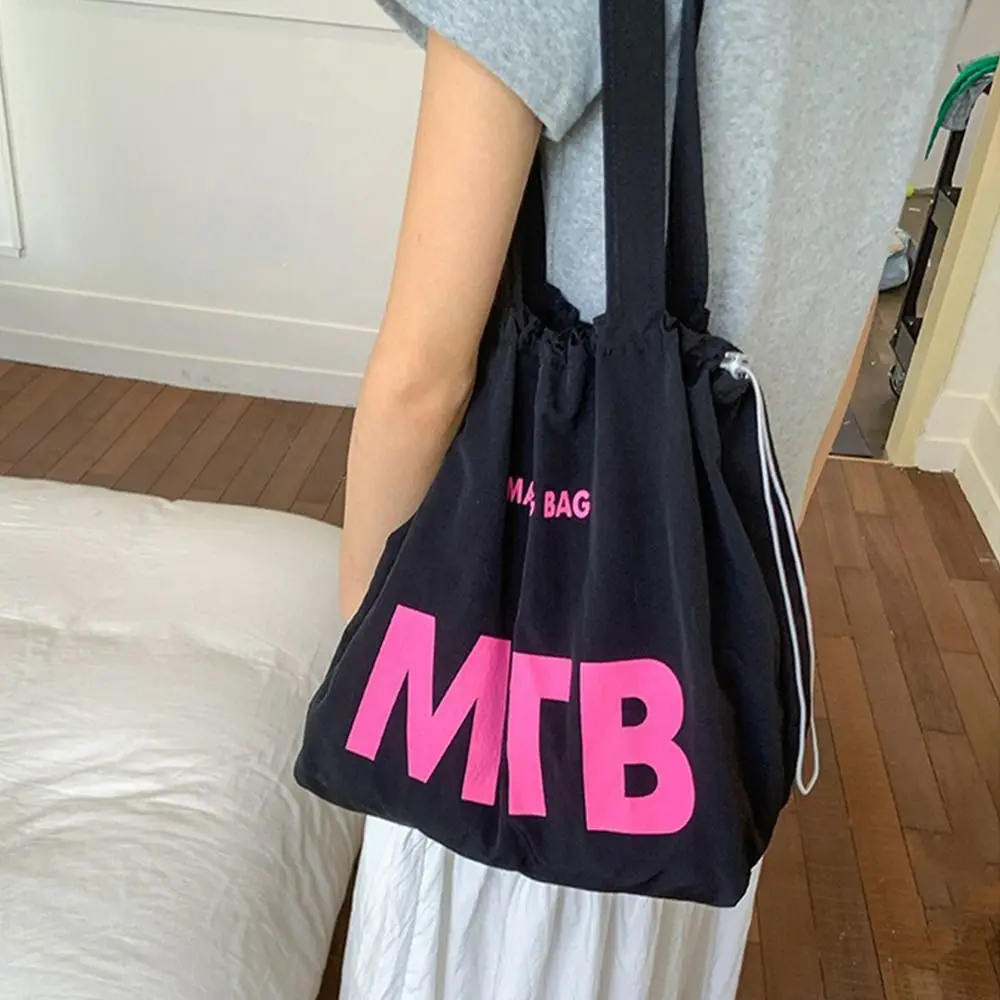 Fashion Solid Color Drawstring Bags Nylon Light Weight Letter Shoulder Bag Large Capacity Shopping Tote Bags Ladies