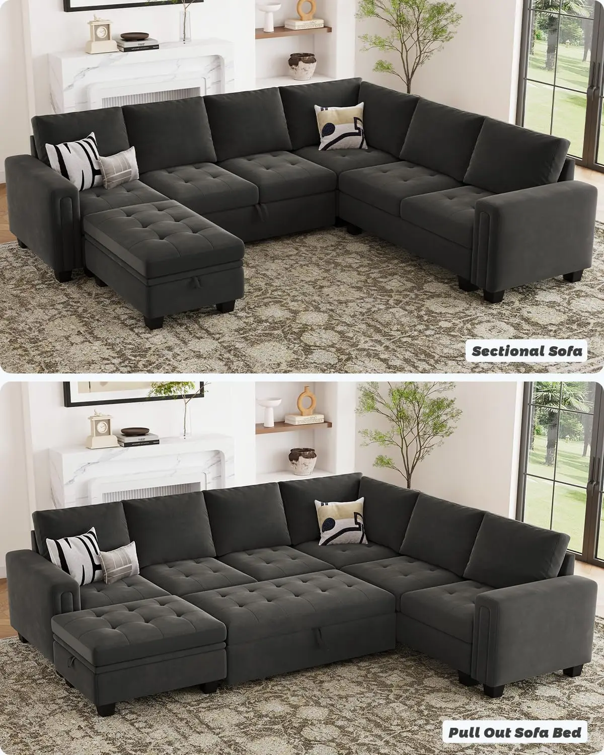 Modular Sectional Sleeper Sofa with Pull Out Bed U Shaped Sectional Sofa Couch with Storage Velvet Covertible 7 Seater Sofa