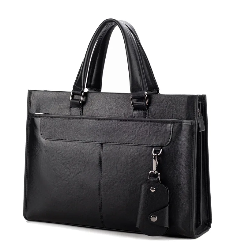 New Men's Handbag Leather Briefcase Large Capacity Business Trip Computer Bag Document Case with a Detachable Key Bag