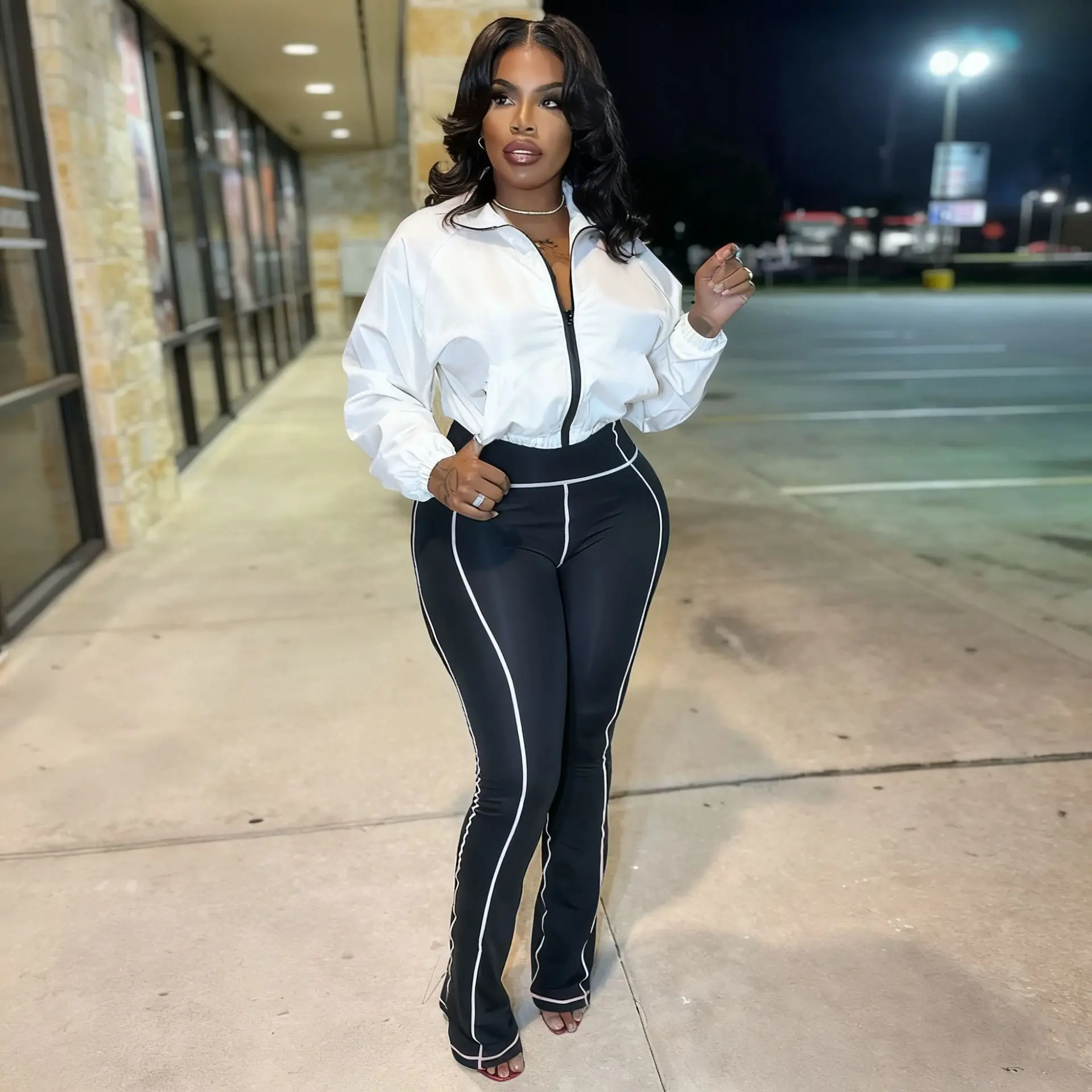 Two Pieces Women Pant Sets Skinny Color Blocked Set Long Sleeves Zipper Coat Elastic Waist Flared Pant Slim Casual 2025 Spring
