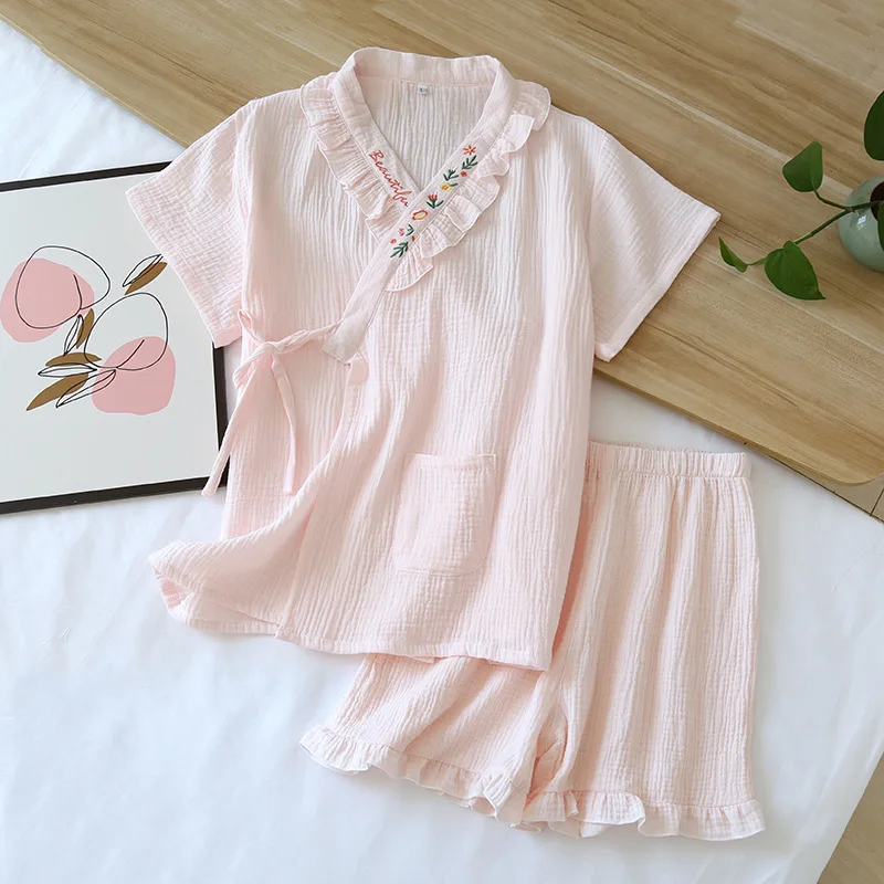 Summer new Japanese kimono suit ladies pajamas short-sleeved shorts two-piece set 100% cotton crepe sweet lace home wear women