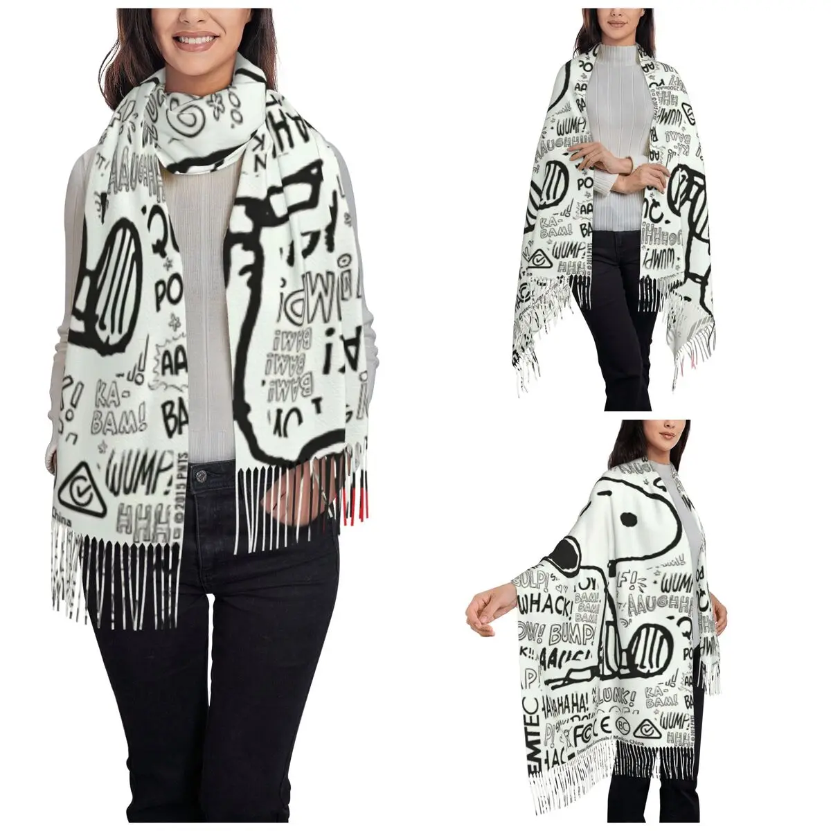 Women's Tassel Scarf Snoopys  Listen To Music Large Super Soft Shawl and Wrap Cartoon Daily Wear Pashmina Scarves