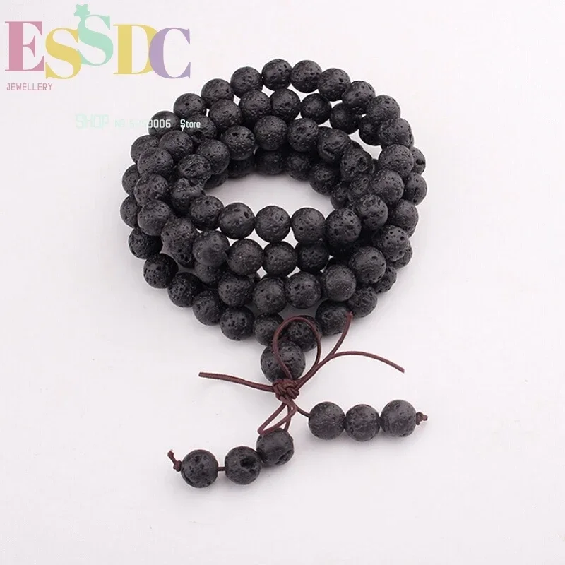 8mm 108 Mala Bow Tie Knot Beads Black Volcanic Rocks Stone Hand String Wholesale Buddhist Bracelet Male Female Jewelry