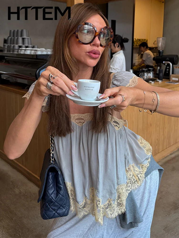 Women's Lace Spliced Blouse Summer Square Neck Ruffle Loose Short Sleeve Pleated Blue Shirt 2026 Holiday Beach All-matching Top