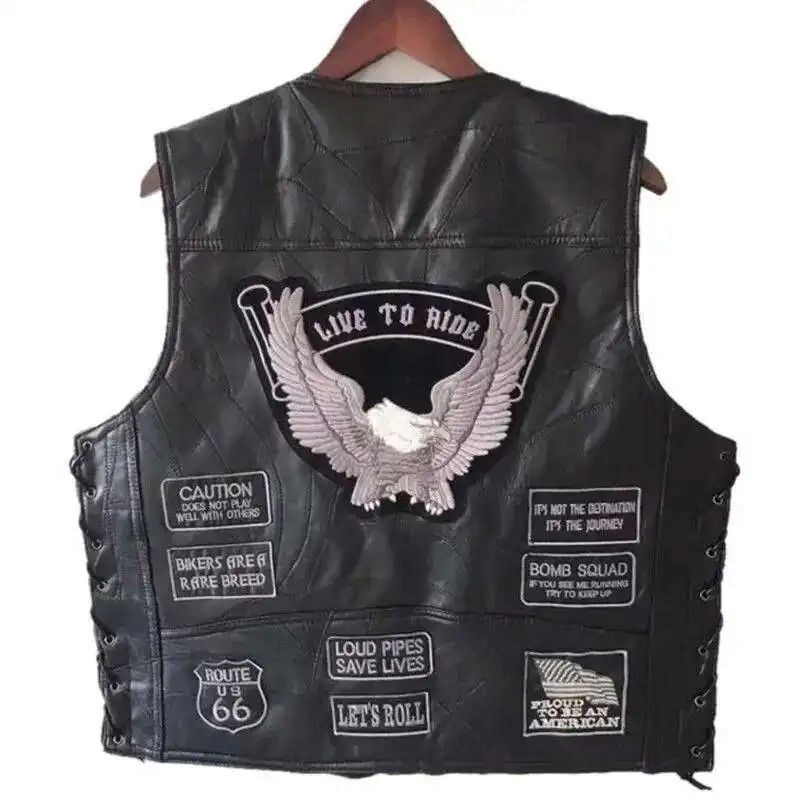 Motorcycle Style Harley Motorcycle Riding Vest Men\'s Leather Vest Shoulder PU Leather Dark Series Embroidered Badge Design
