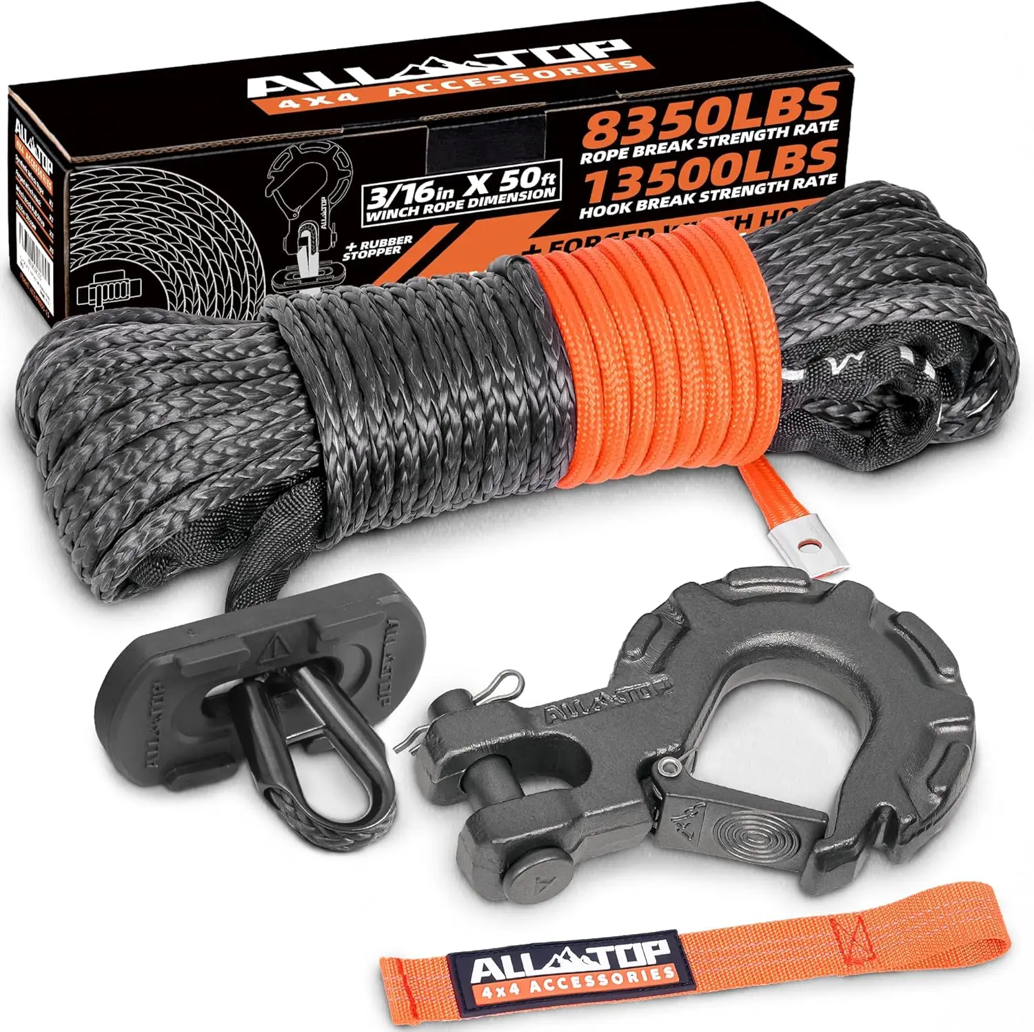 Synthetic Winch Rope Kit with Hook & Isolator, 3/16in x 50ft, 8350Lbs UHMWPE Cable Replacement for Off-Road Vehicles