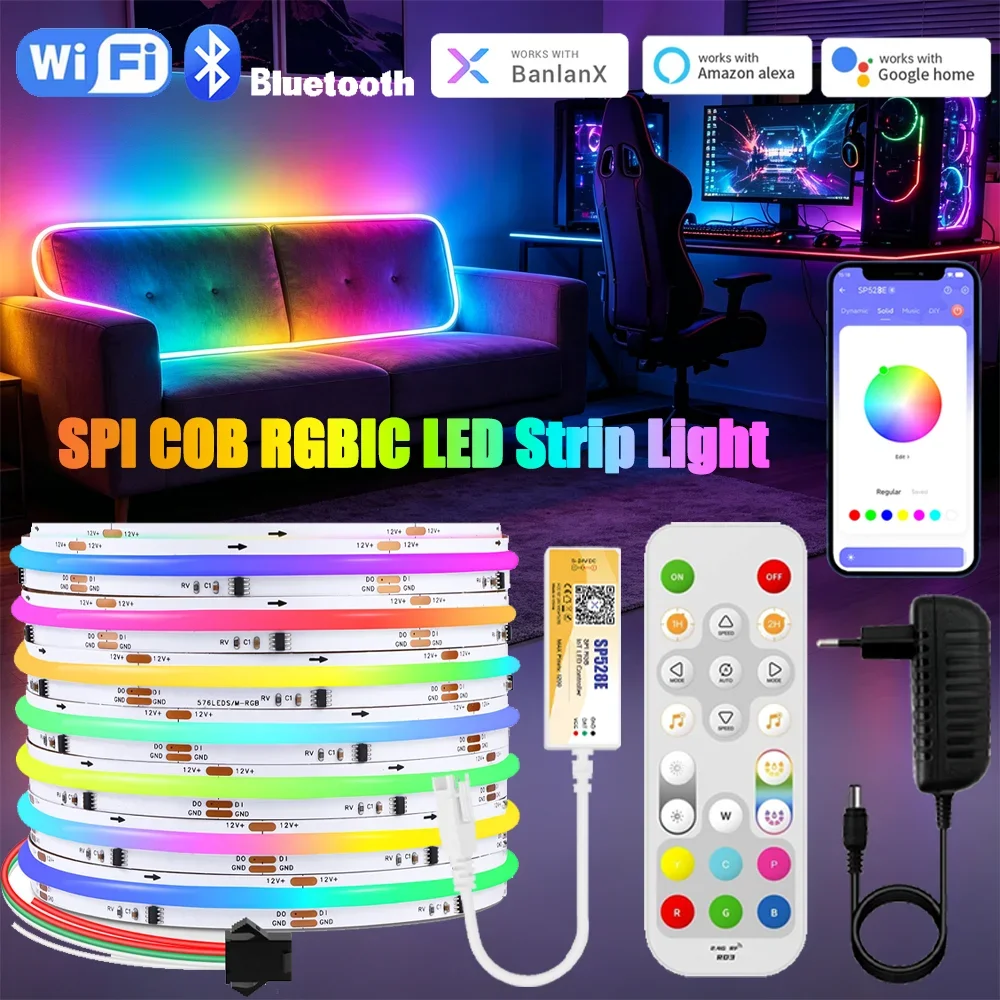 Bande LED intelligente adressable BT Wifi DC24V WS2811 RGBIC COB 720 LED, ruban lumineux intelligent SPI FCOB couleur de rêve complète WS2812B pour Alexa