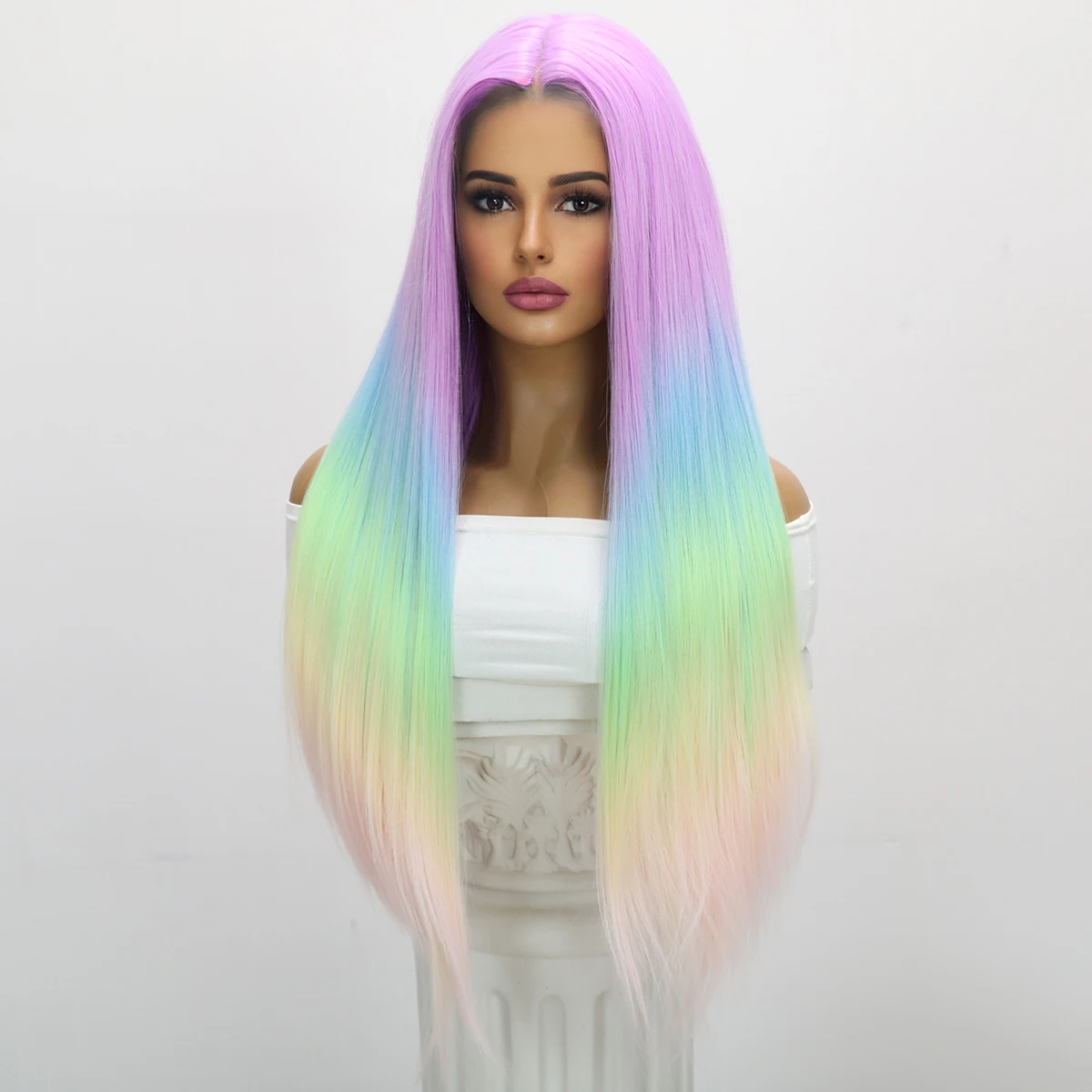 

Hot selling hot selling lace wig in Europe and America, women's rainbow color gradient color long natural daily straight hair