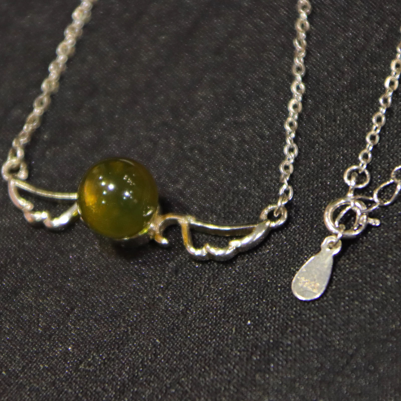 Silver Wings Pendant with Natural Mexican Blue Amber 8mm Amber Bead and Sterling Silver Chain