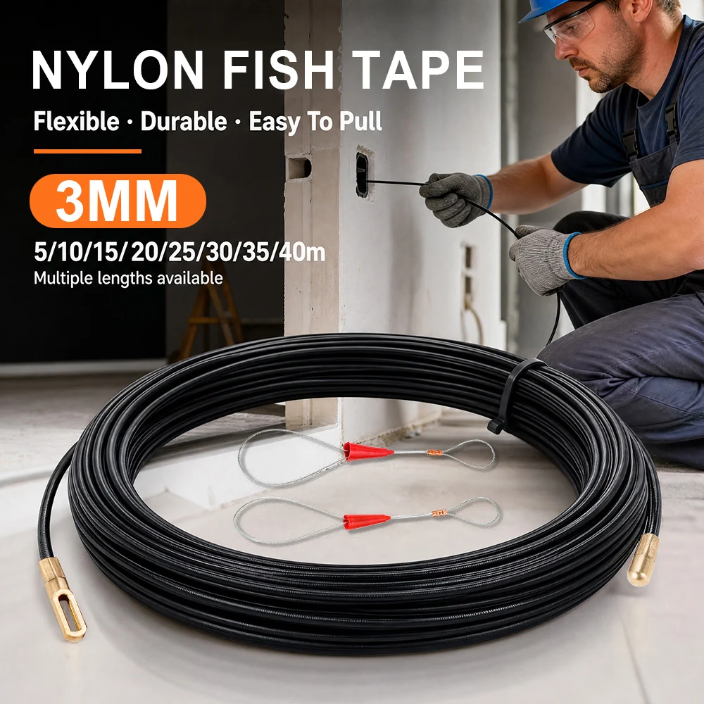 3MM Fiberglass Fish Tape Cable Puller 5-50M Black Wall Conduit Wire Pulling Threading Tool For Electrical Wiring Installation