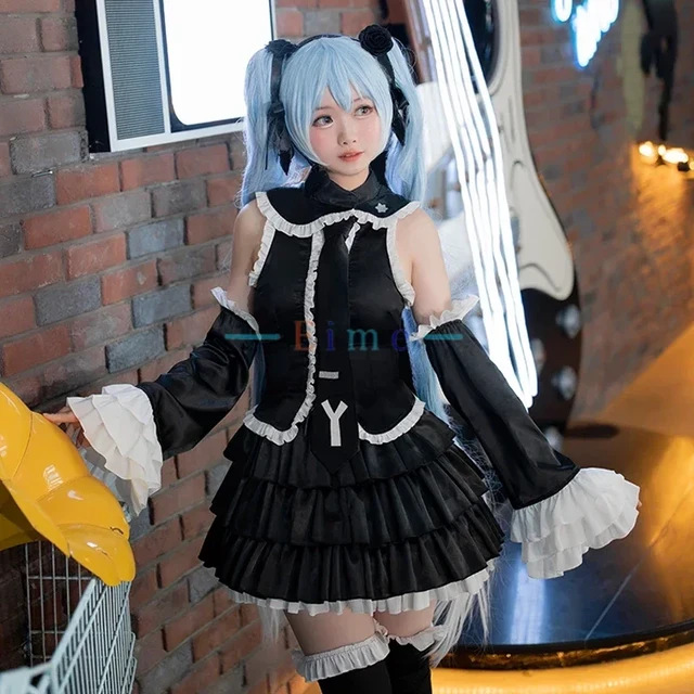 In stock costumi Cosplay ragazza vestito da donna per Miku Cosplay Anime vestito nero uniformi di carnevale di Halloween vestito