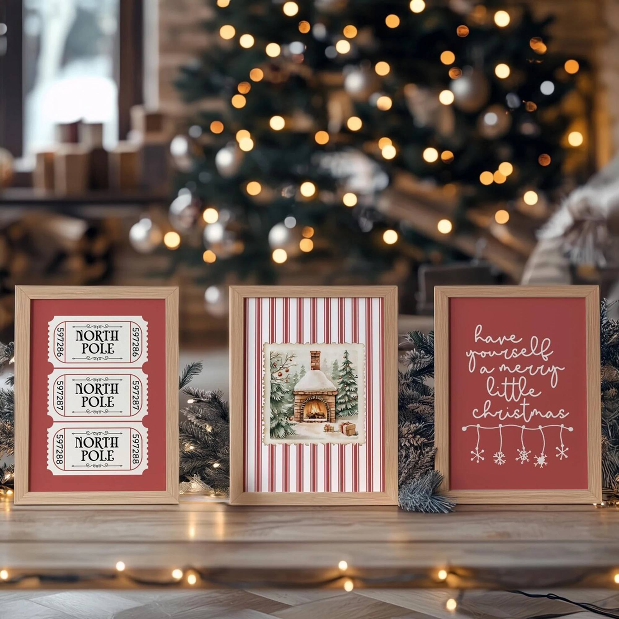 3pcs Modern Christmas Log Chalet Wall Art Print Canvas Painting Poster Picture For Living Room,Bedroom Home Decor
