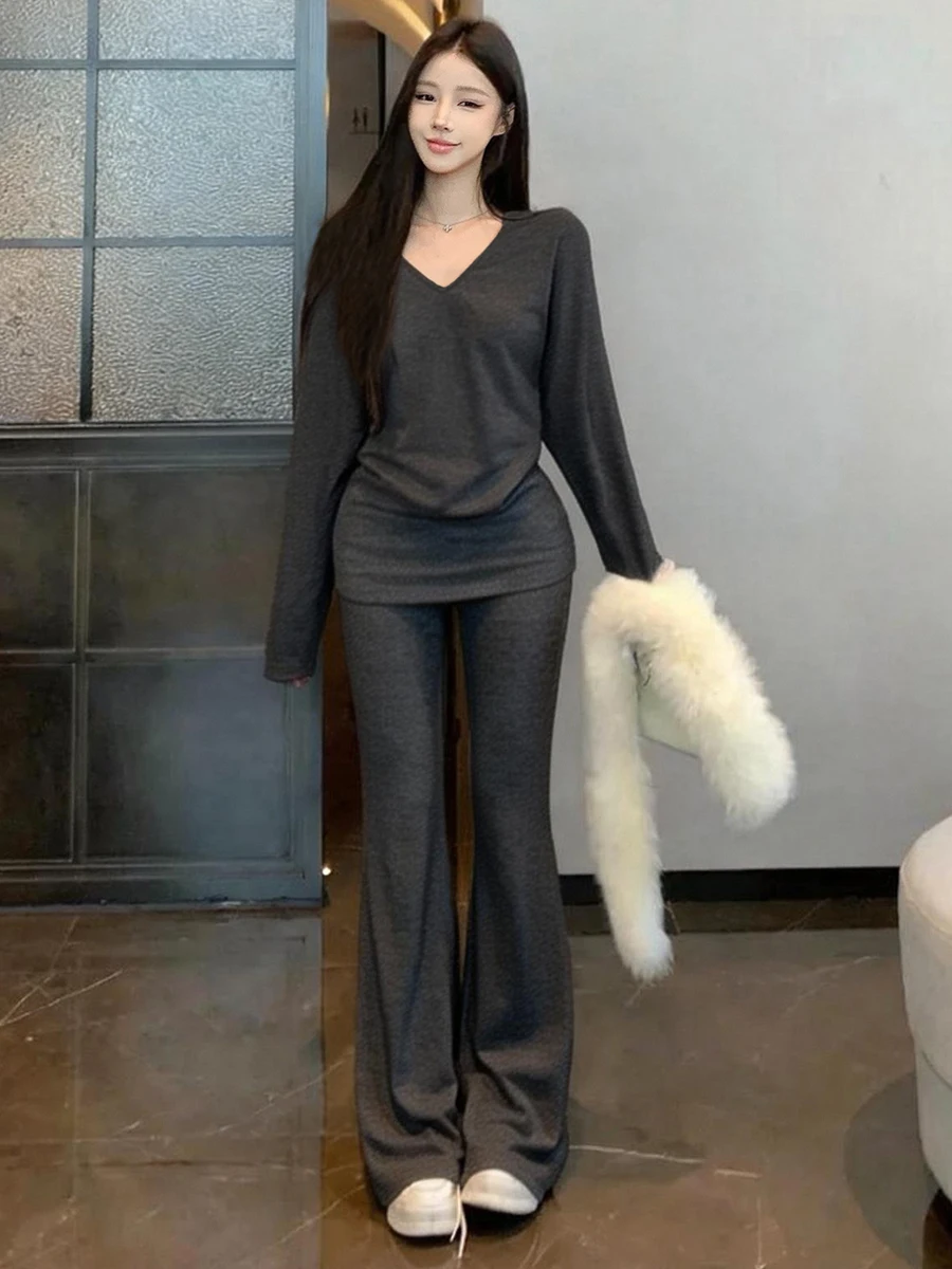 Korean Lazy Style Fashion V-Neck Slimming Outerwear Base Layer Sweater Casual High Waist Flared Pants Two-Piece Set Women