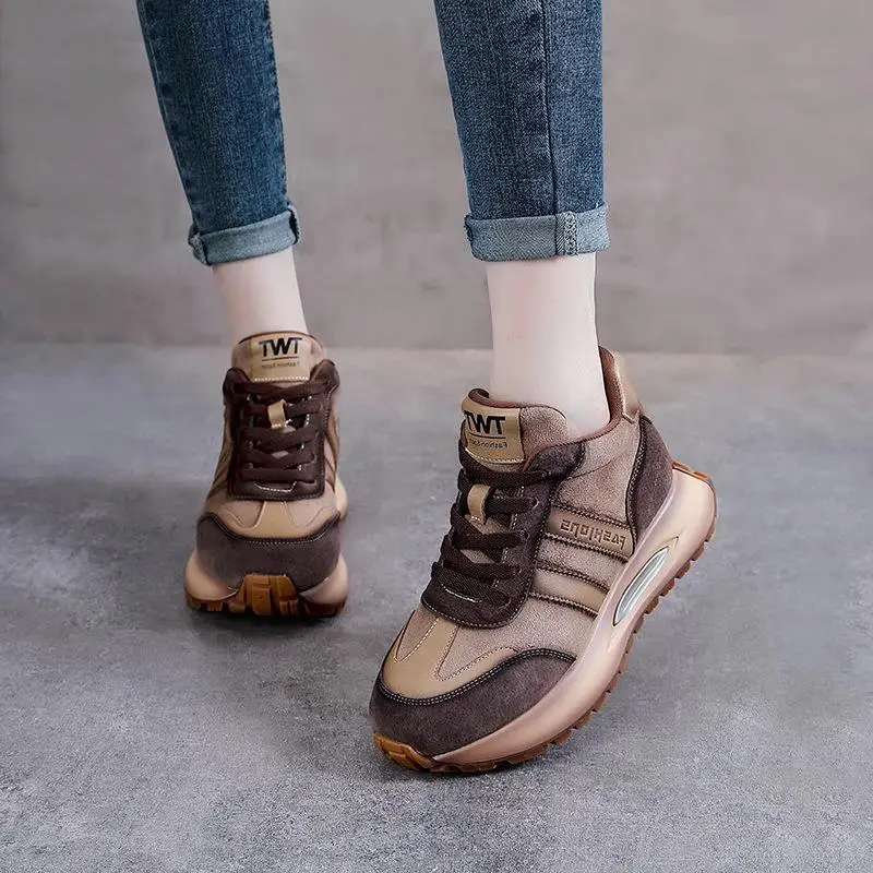 

Casual Thick Bottom Genuine Leather Women's Shoes Anti-Slip Sporty round Toe Flat Heel Deep Mouth Single Shoes for Daily Wear