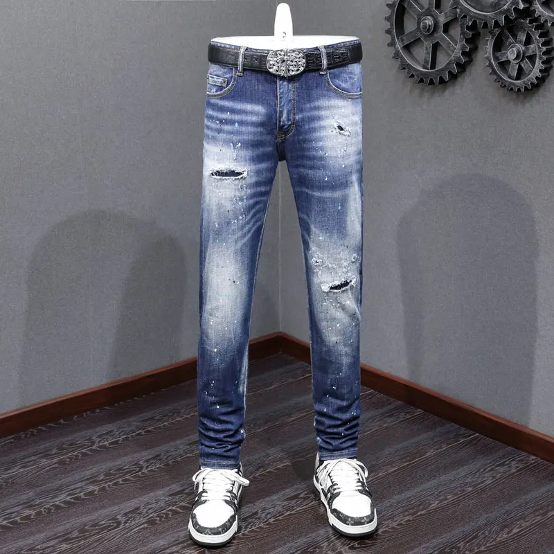 

High Street Fashion Men's Jeans Retro Blue Elastic Slimming Ripple Jeans Men's Retro Designer Hip Hop Brand Painted Pants Hombre