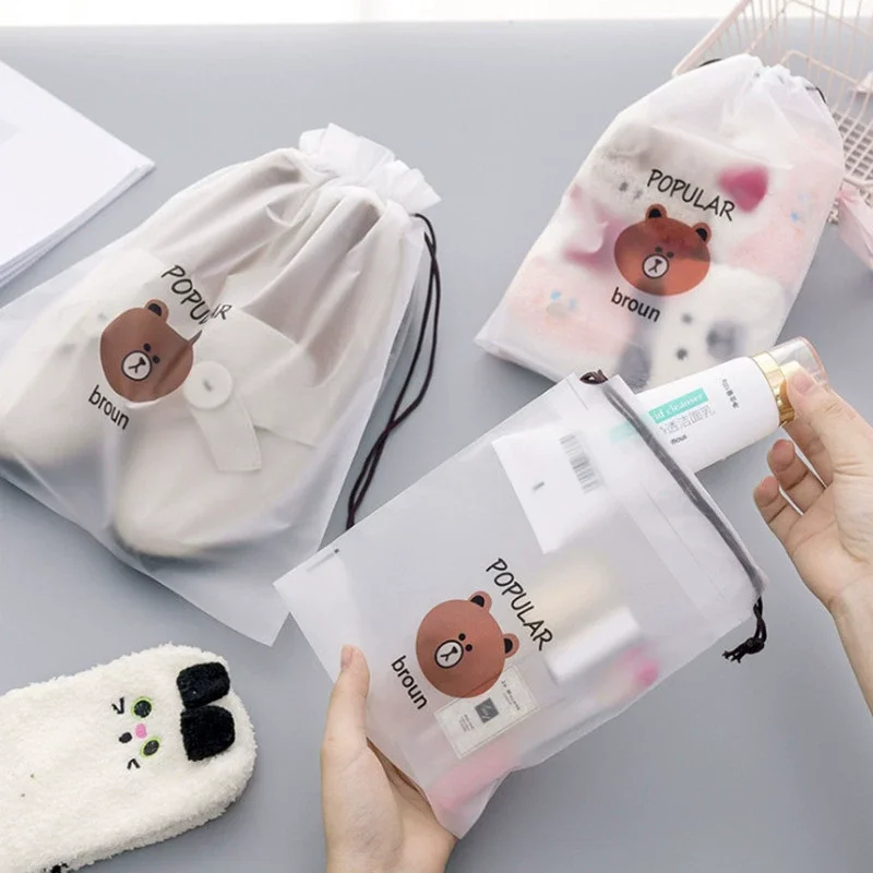 Cute Bear Print Drawstring Pouch Set Portable Storage Bags for Cosmetics Toiletries Travel Essentials Organizer Set