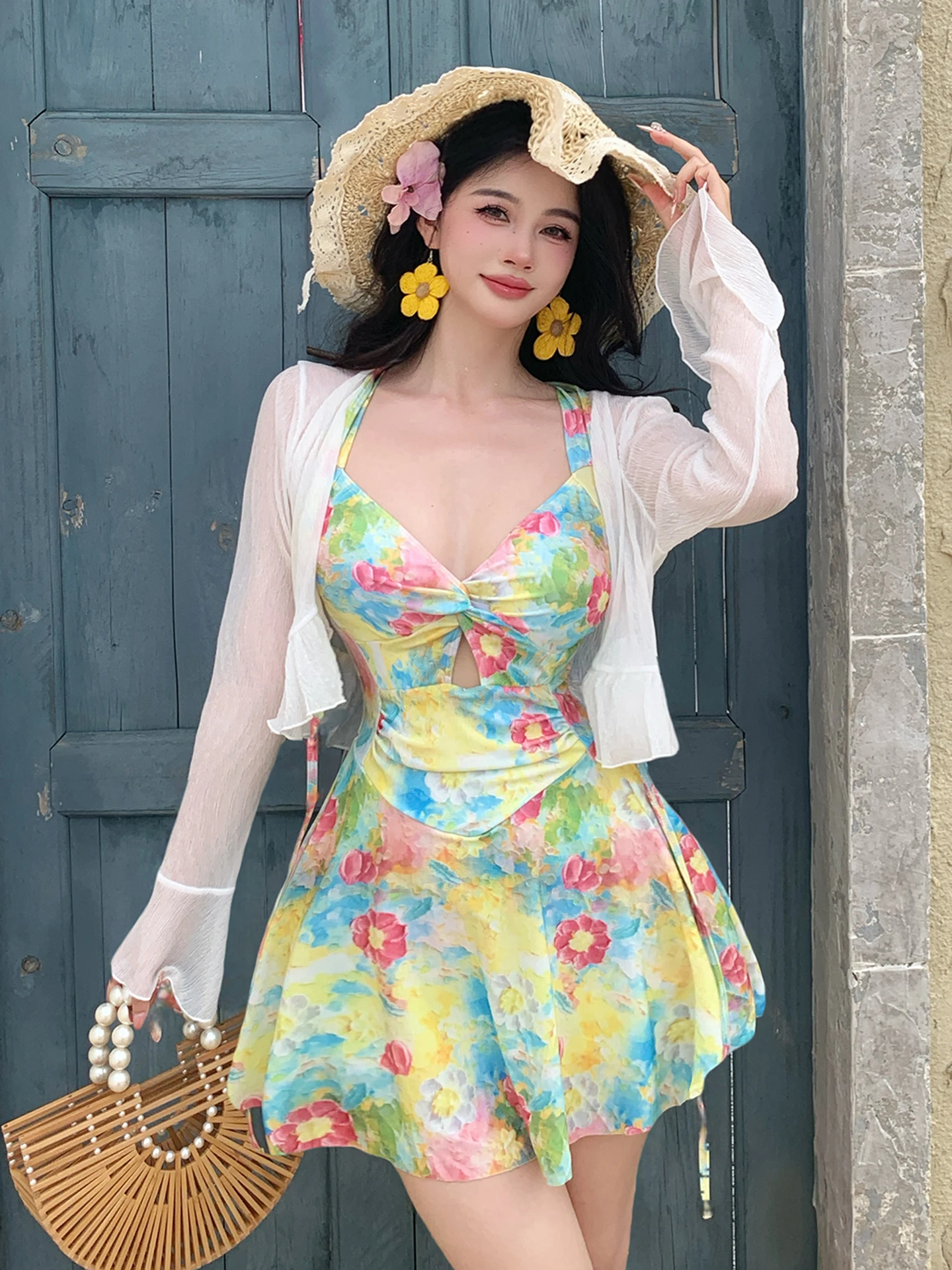 

Sexy plus Size Women's Swimsuit Thermal Spring Bathing Suit Tummy Covering Slimming Design V-Ne Long Sve