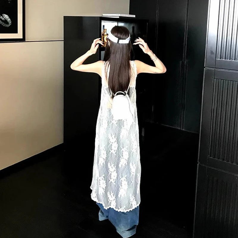 Abito con camicetta in pizzo albicocca Donna Estate Vacanza al mare Cardigan con lacci Moda coreana Harajuku Abiti senza maniche con scollo a V sexy