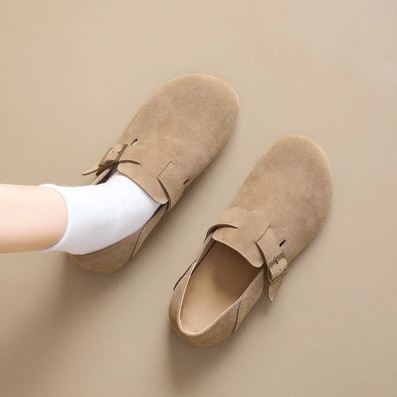 Casual Women Suede Mules Boston Style Clogs Buckle Strap Soft Flat Sole Slip On Comfortable Walking Shoes Brown