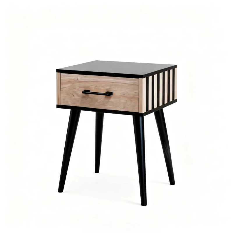 

wood luxury bedside table with single drawer, black plastic handle, striped side contrast design, modern home bedroom furniture