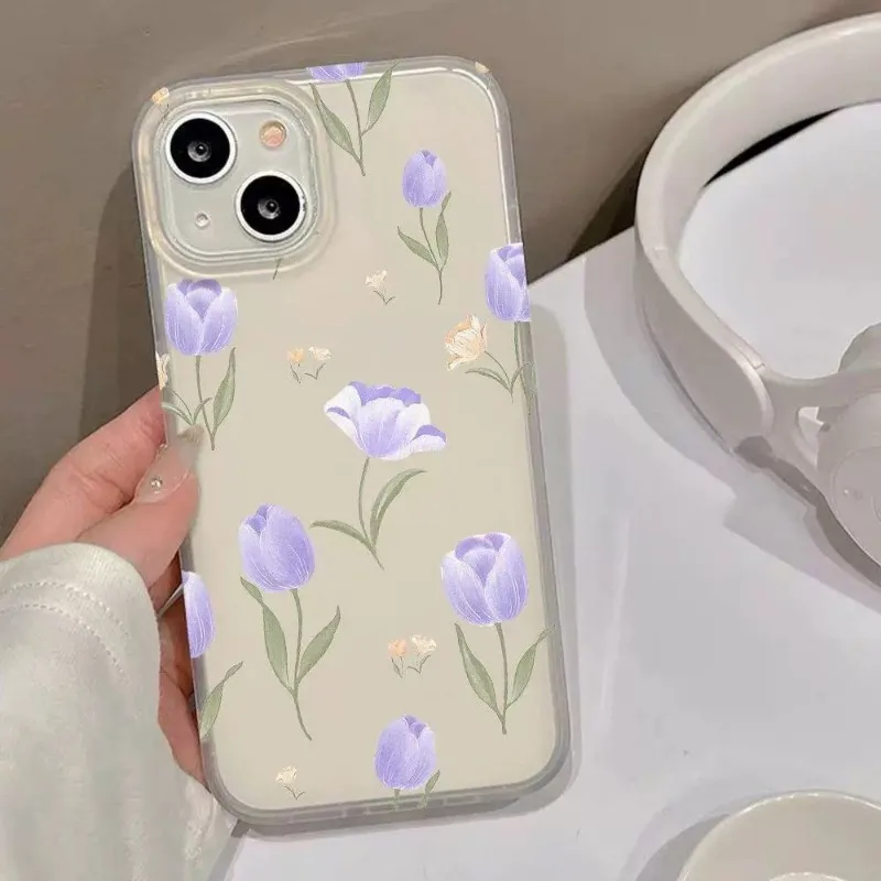 Purple tulip printed scrub is fresh and simple, suitable for iPhone 16 14 13 12 11 15 Pro Max mobile phone case, Christmas gift