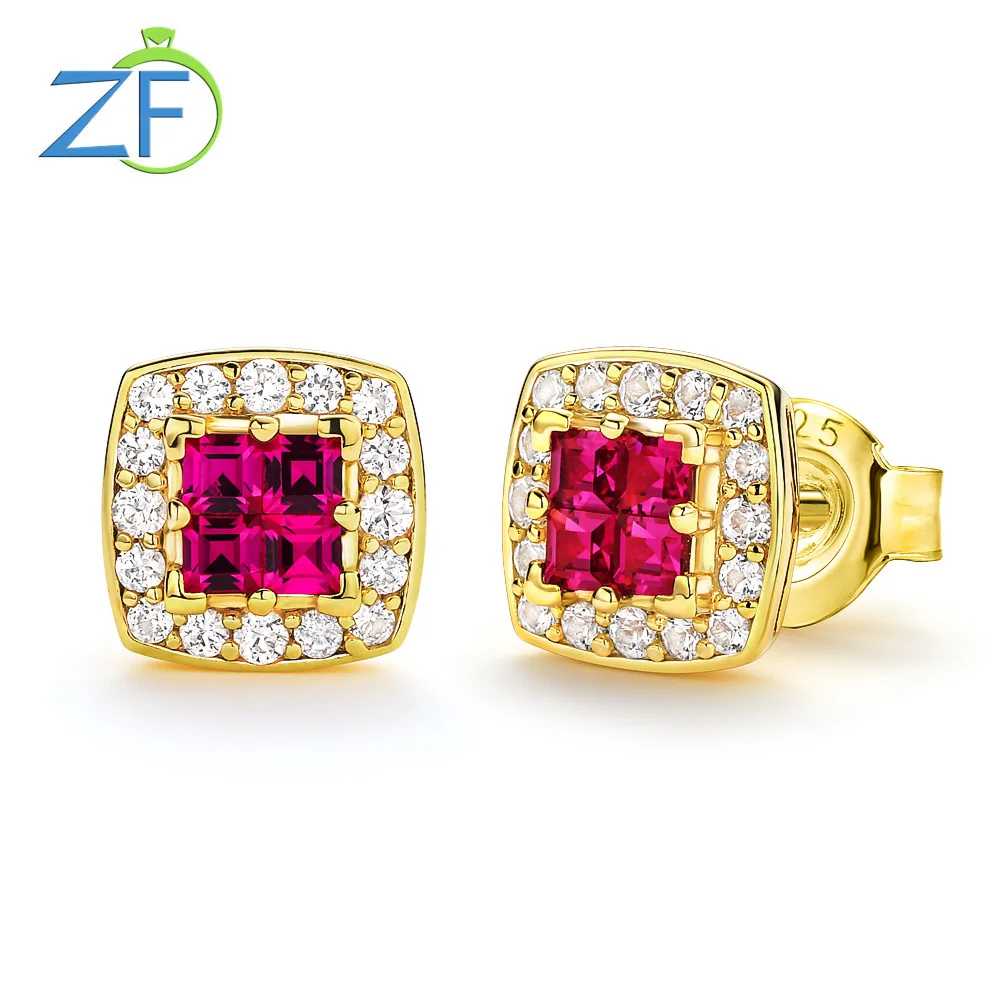 

GZ ZONGFA Genuine 925 Sterling Silver Square Studs Earrings for Women Sapphire Emerald Ruby Gemstone Earrings Fine Jewelry