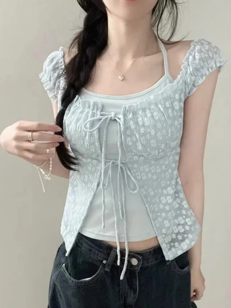 وهمية قطعتين امرأة الرسن المرقعة تي شيرت كل مباراة الدانتيل زهرة ضمادة الكورية تيز الحلو موضة الصيف اقتصاص تي شيرت #4