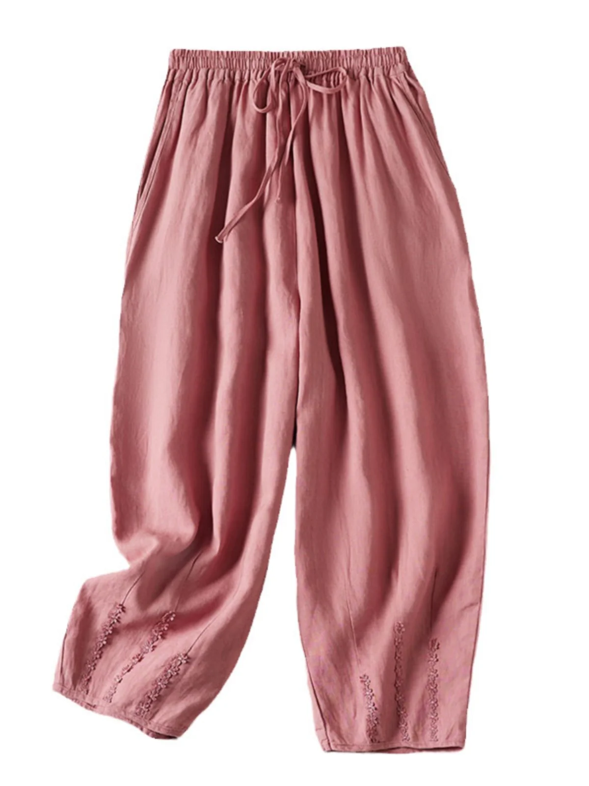 Luksusowe japońskie spodnie z konopi i marchewki damskie, retro haft, casualowe spodnie harlan z bawełny i lnu o długości 7/8, idealne na lato.