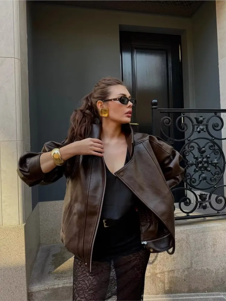 

NERHEFZ женская кожаная куртка на молнии осенняя асимметрия с отложным воротником и длинными рукавами на пуговицах женские пальто повседневные женские шикарные топы