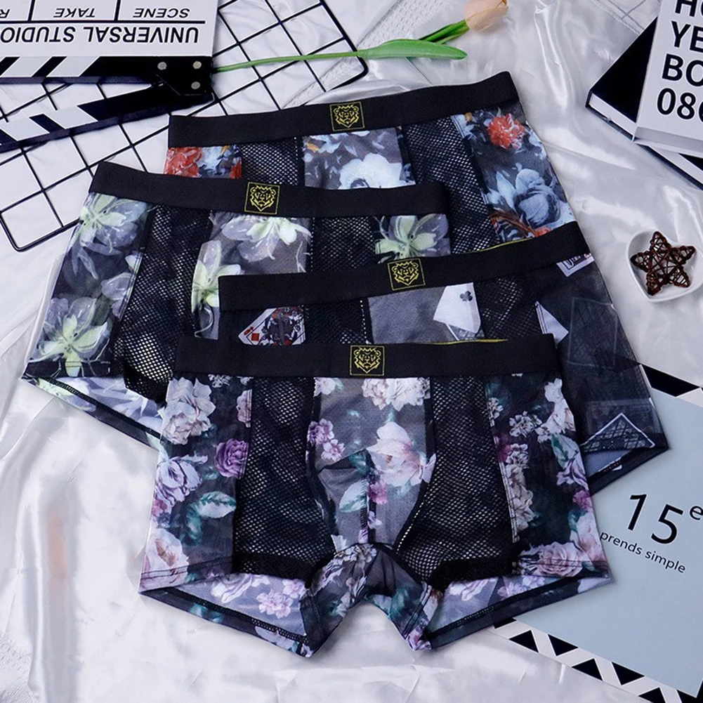 Men Retro Print Mesh Boxers Thin Underwear For Man Breathable High Elastic Translucent Trunks Hot Hot Lingerie Men's Underpants