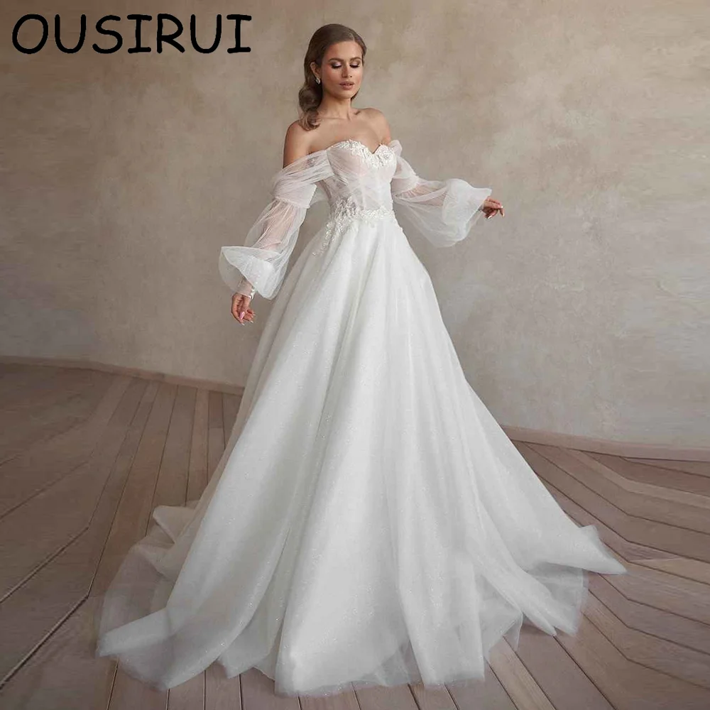 OUSIRUI-vestido de casamento com gola querida tule para mulheres, manga comprida, laço, vestido de corte