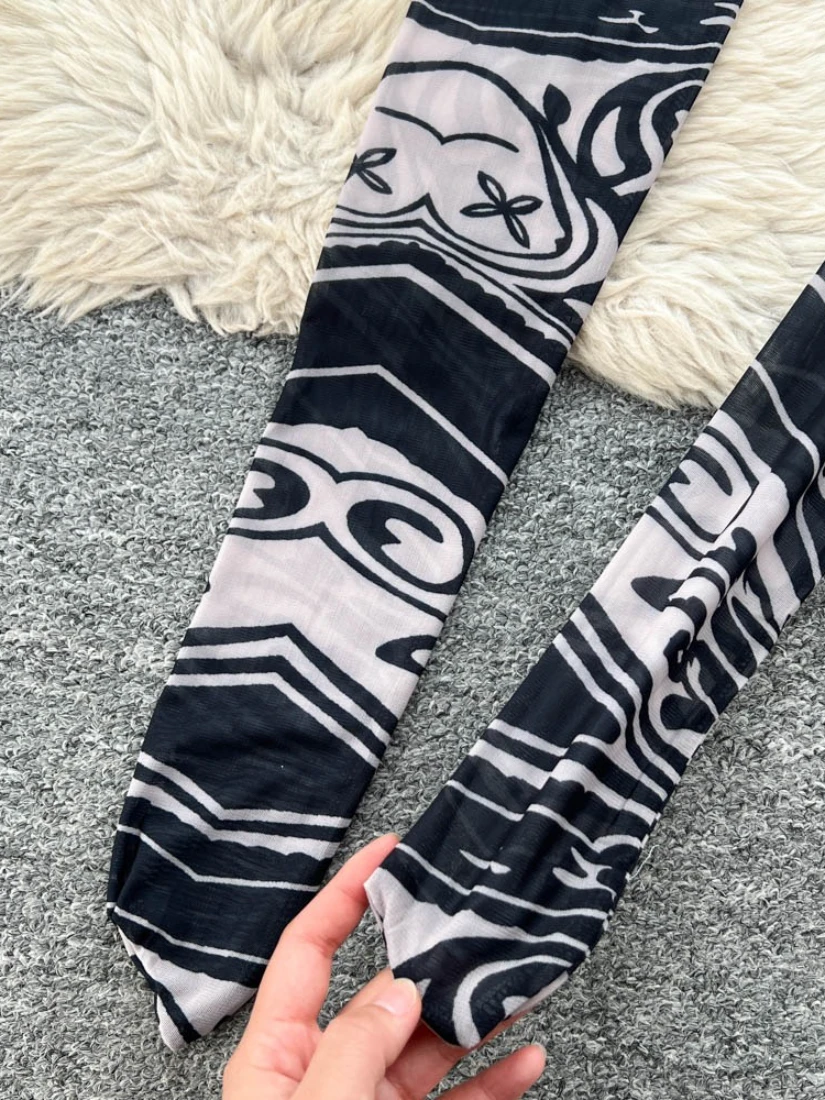 Foamlina Sexy 2-teiliges Set für Damen, V-Ausschnitt, lange Ärmel, bedruckt, schmale Bodys und elastische Taille, durchsichtige Netz-Leggings-Anzüge