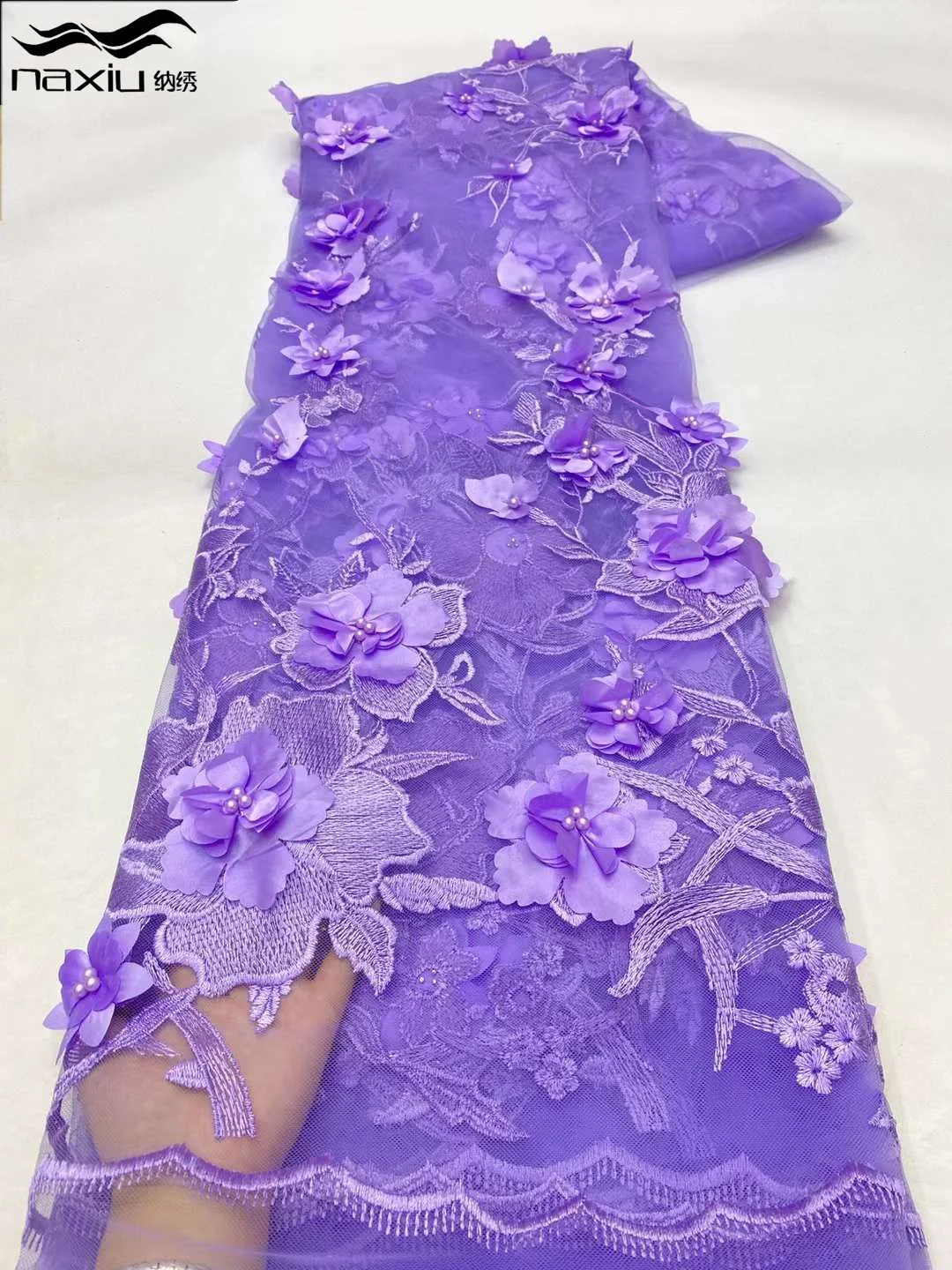 Tissu de dentelle africaine de fleur Madison-3D, matériel de dentelle de haute qualité, colle française nigériane, tissus de paillettes, dentelle de Tulle pour robe