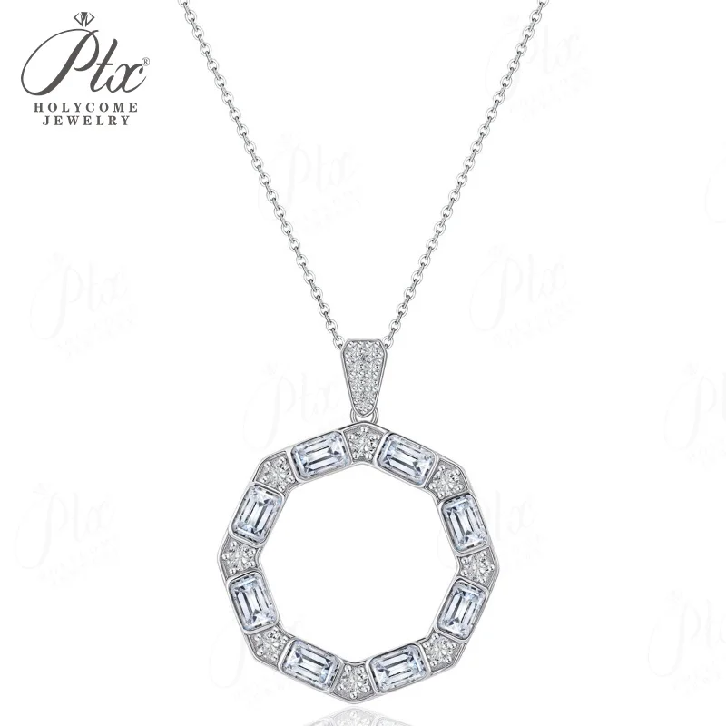 Moissanit-Halskette Baguette-Schliff 925 Sterling Silber Achteckiger Kreisanhänger Hohlkreiskette Luxus-Schmuck Geschenk für Frauen – Detail 4