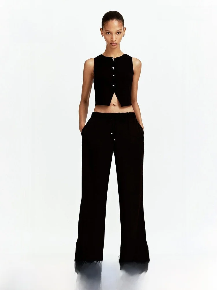 

Spring New Women's Casual Pants Faion Trend Soft Personali Dstring Wide Leg Pants H&M l Waist Polyester Fiber