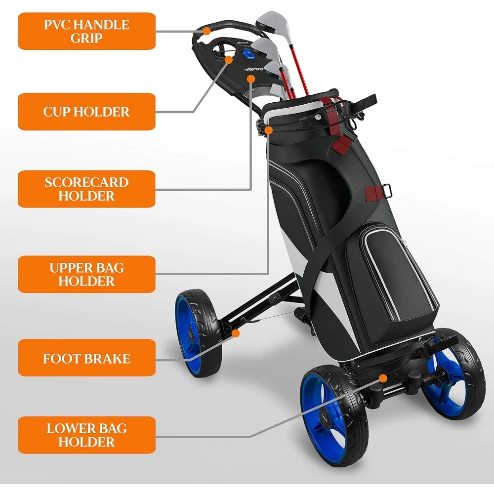 Wózek golfowy na kółkach-lekki składany wózek do chodzenia z torba do golfa z hamulcem ze stopką/rączką