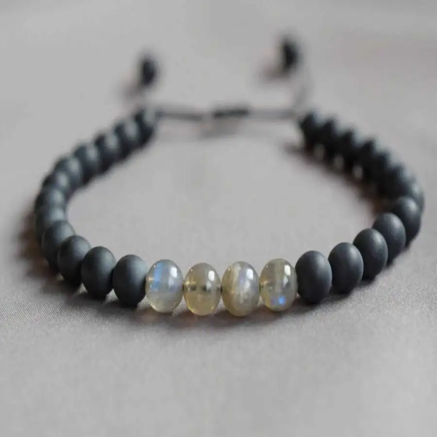 Genuine Black Onyx Bracelet Labradorite Accent Adjustable String Wristband Healing Crystal Jewelry 6MM