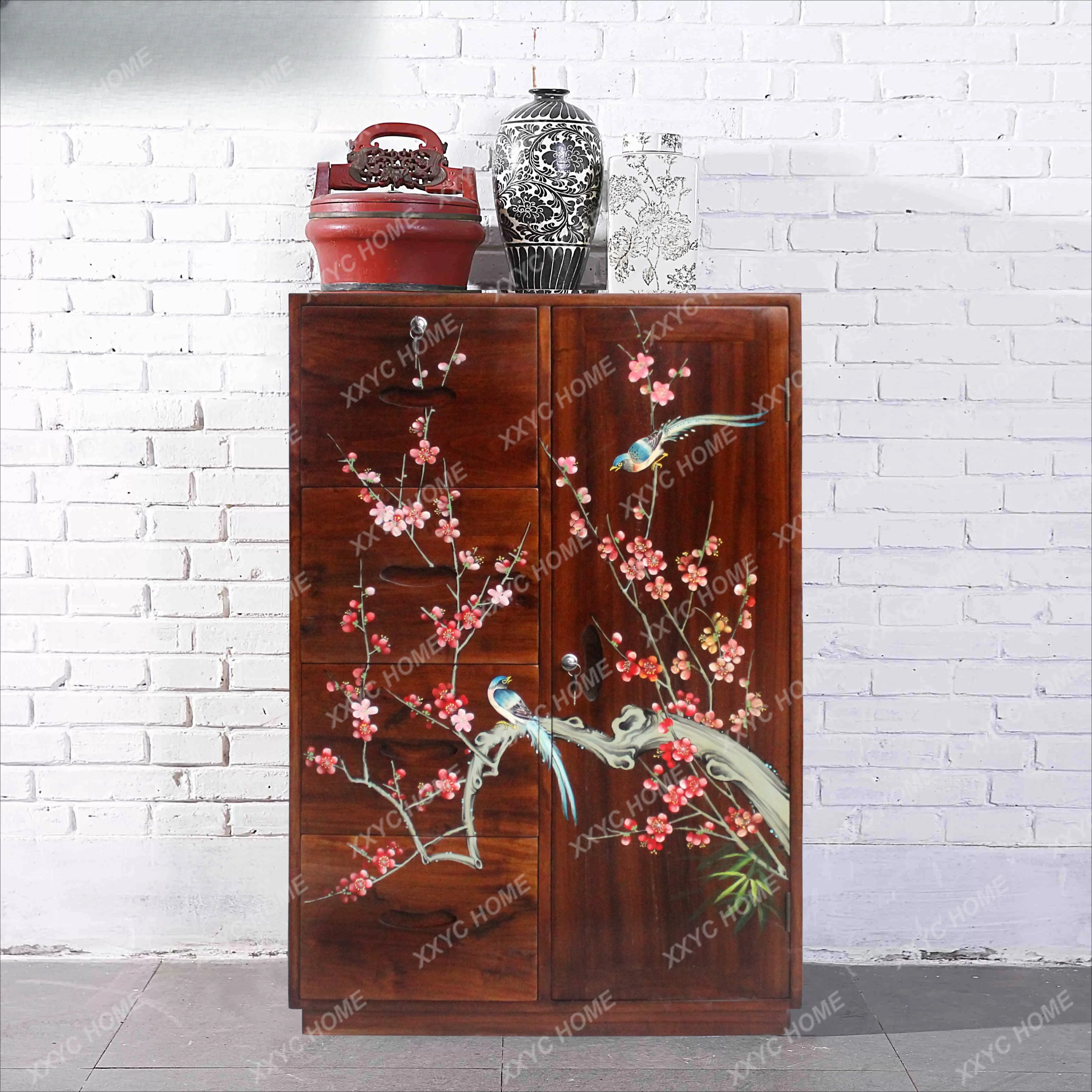 New Chinese style camphor wood painted storage wardrobe bedroom children's wardrobe 2 doors antique locker