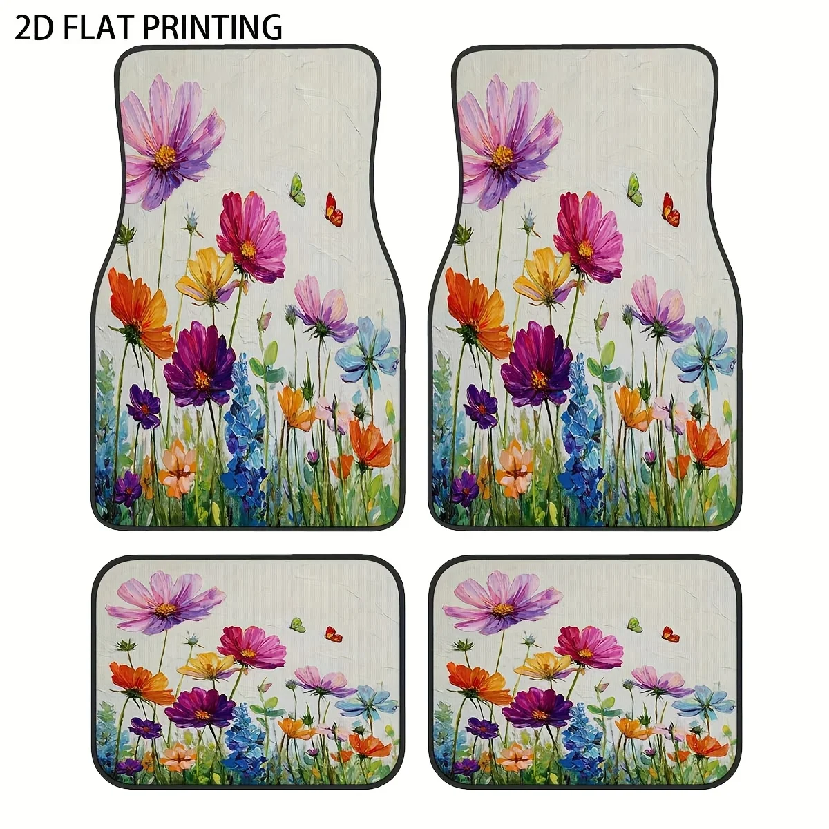 4pcs All-Season Car Mats With Vibrant Tulip Floral Pattern - Durable Non-Slip Driver/Passenger/Rear/Trunk Mats, Easy To Clean, L
