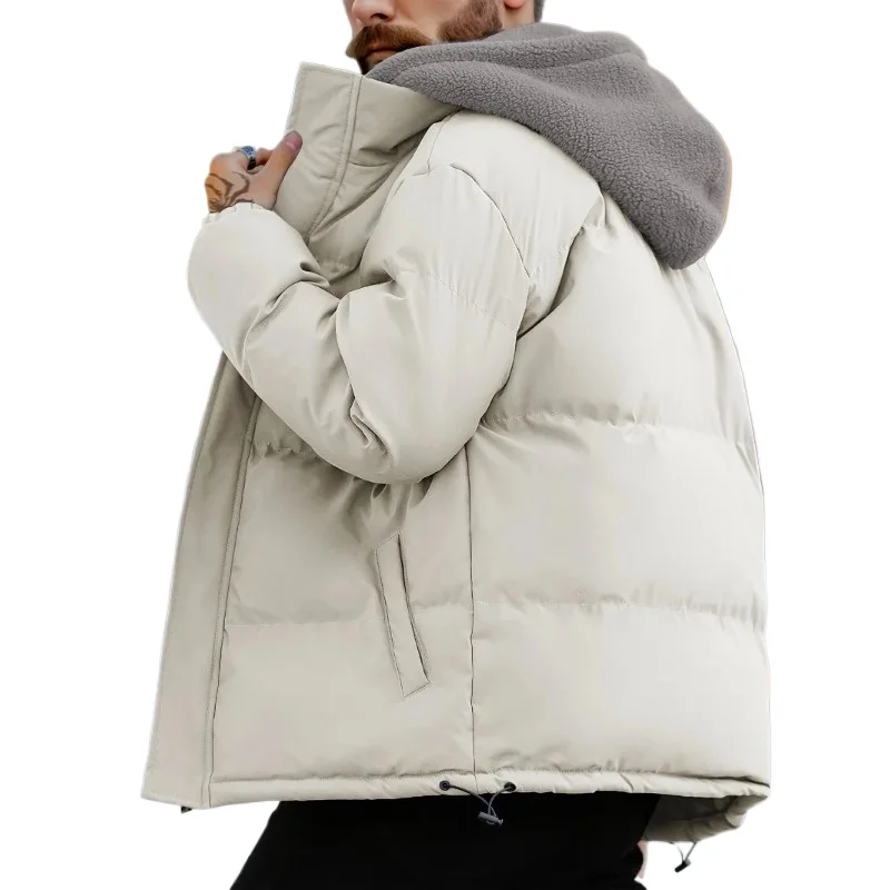 

Winter Windproof Men's Jacket Casual Fake Two Hooded Bread Coat Detachable Hood Zipper Front Long Sleeves Pockets Overcoat